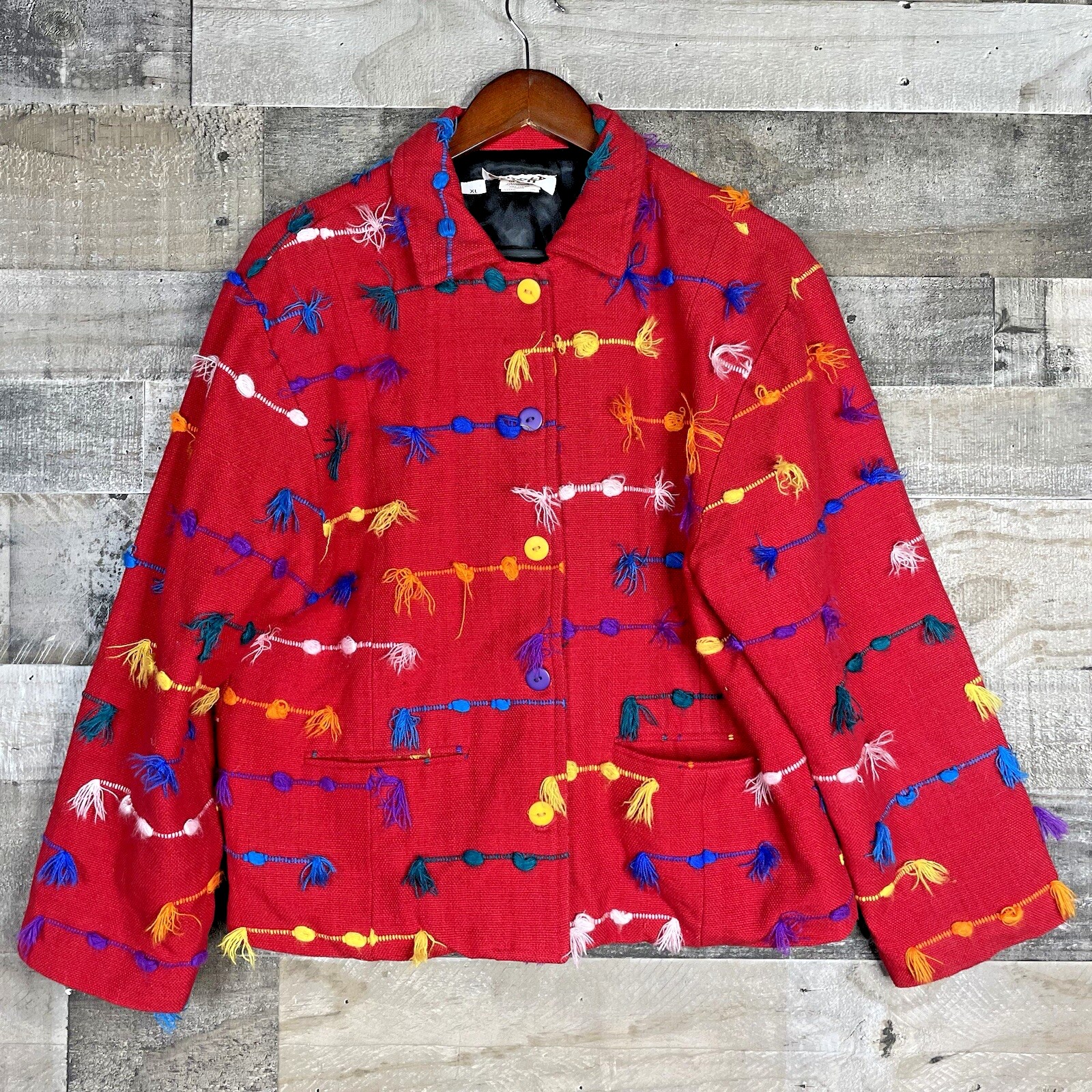 Vintage Kindred Spirit Jacket Blazer Women's Size Xl Woven Colorful Red Art